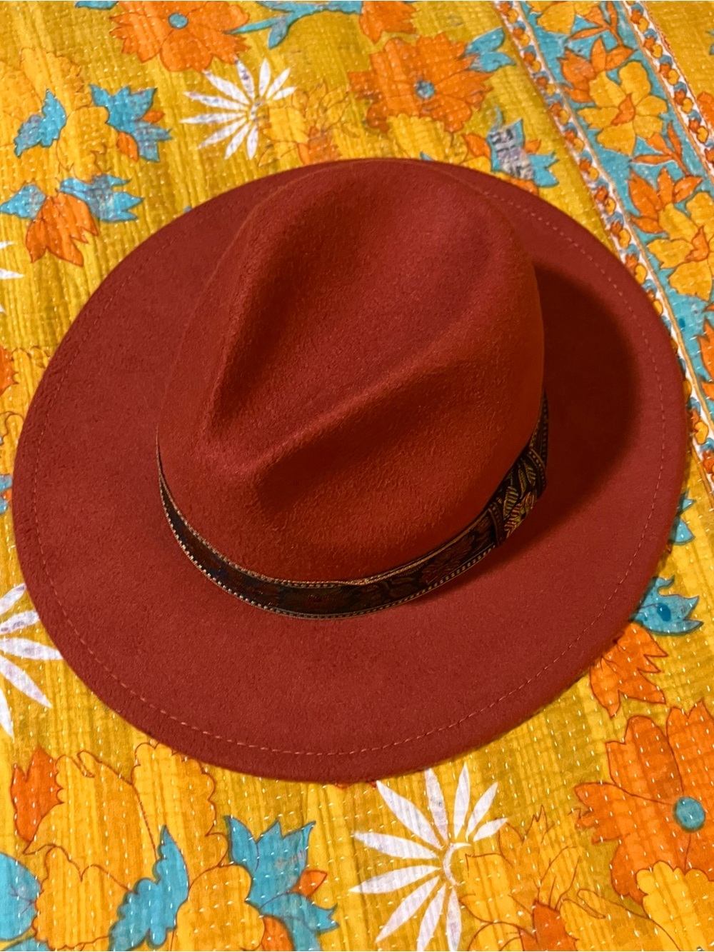 Earthy Rust Red Hat with Floral Band